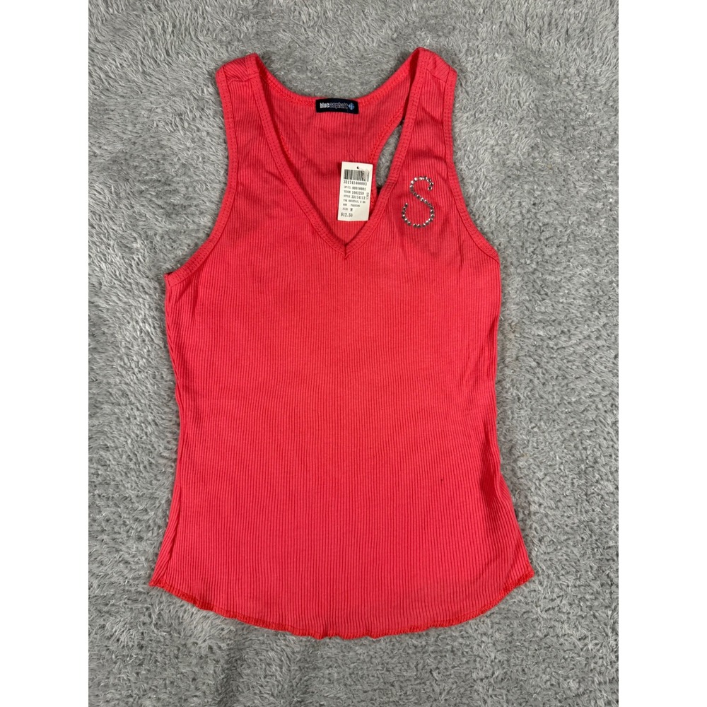 Blue Asphalt Tank Top Womens Medium Passion Pink New Y2K Rhinestone Ribbed VNeck